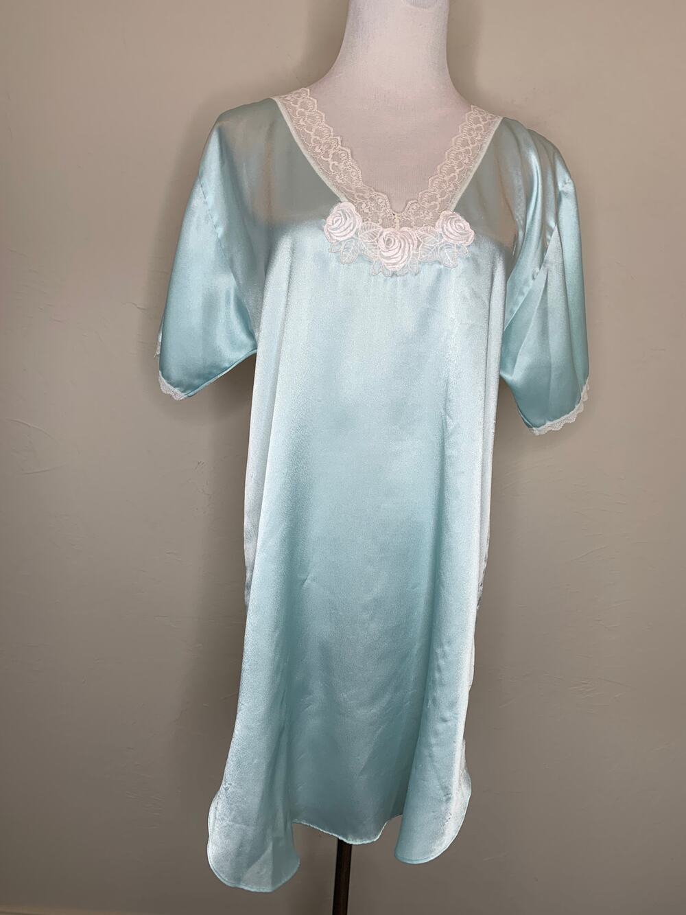 Barbizon Satin Blue Nightgown Sz Medium?  Lace Trim Cream